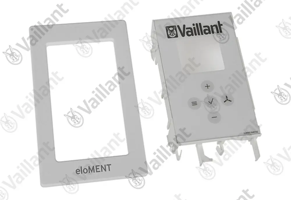 Vaillant Gehäuse mit Display und Bedienelementen, bestehend aus zwei Teilen: einer Rahmenplatte und einer Steuerungseinheit. Beide in Weiß gehalten.